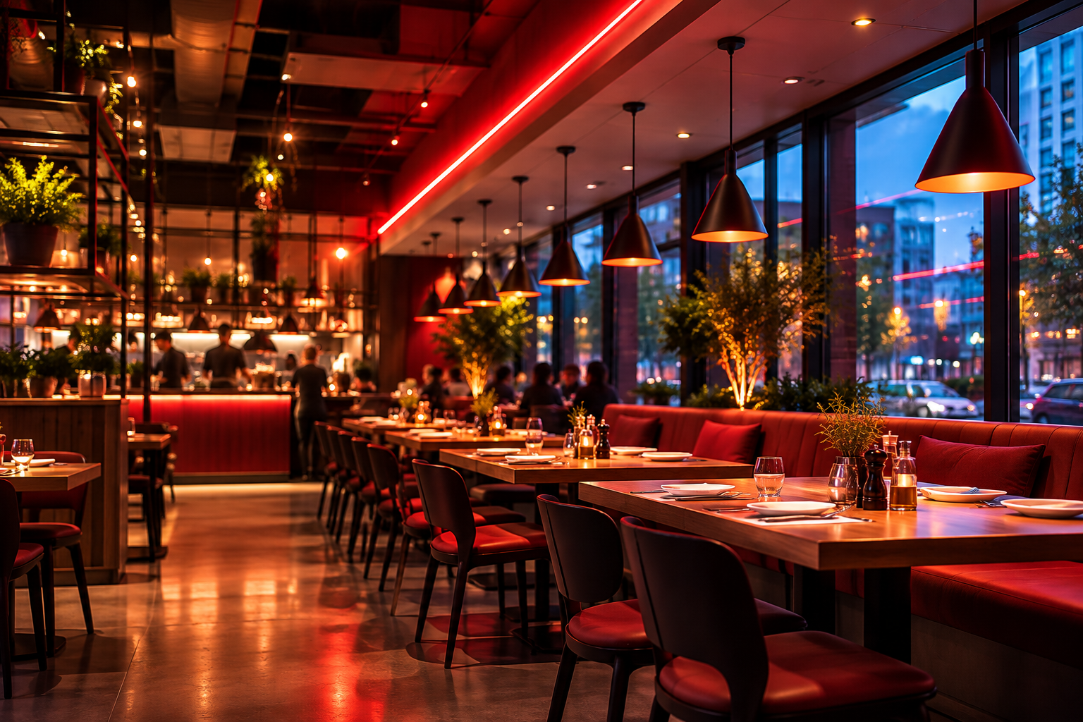 Interior of Business B, a warm red-accented dining room