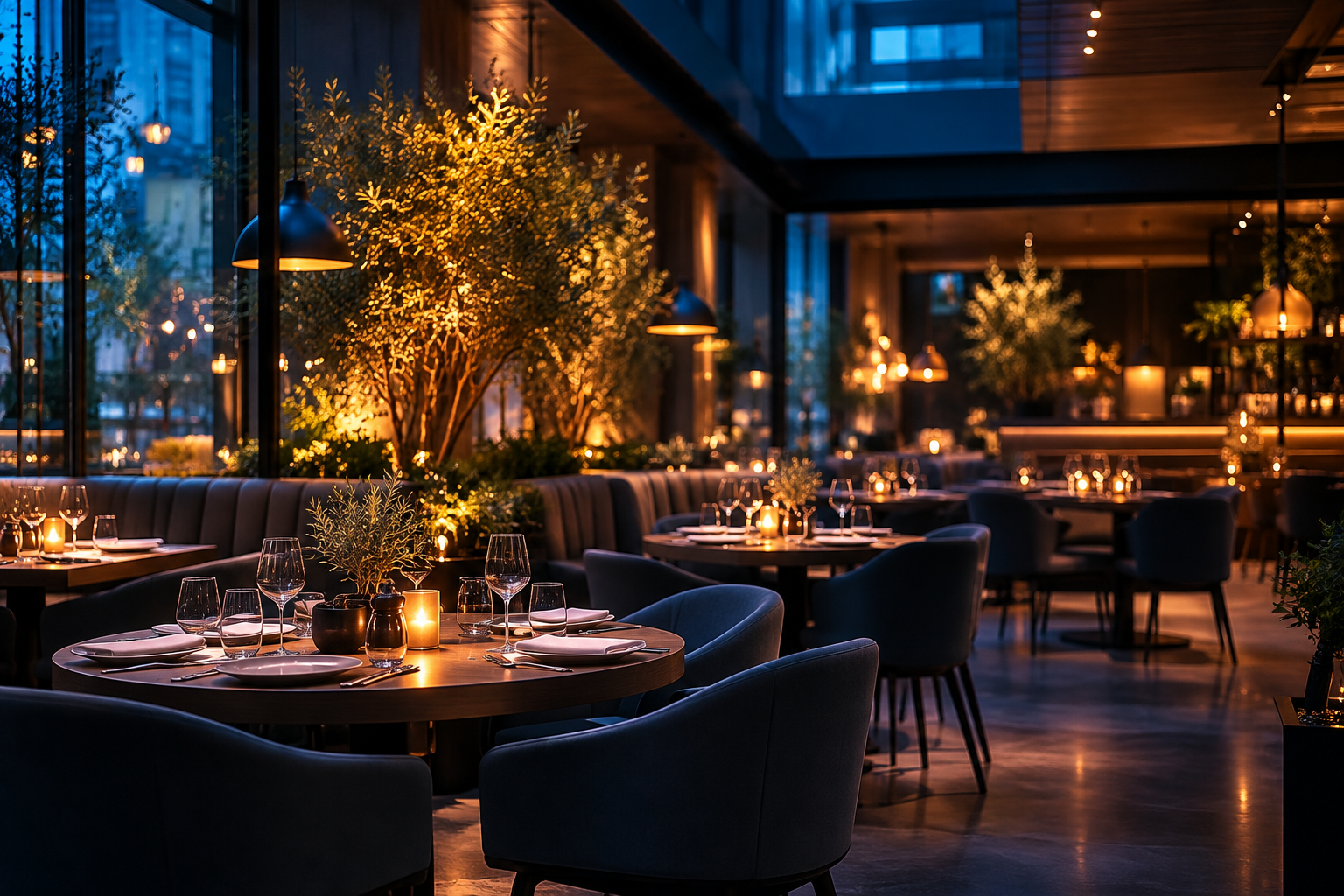 Interior of Business A, a calm blue-toned dining room